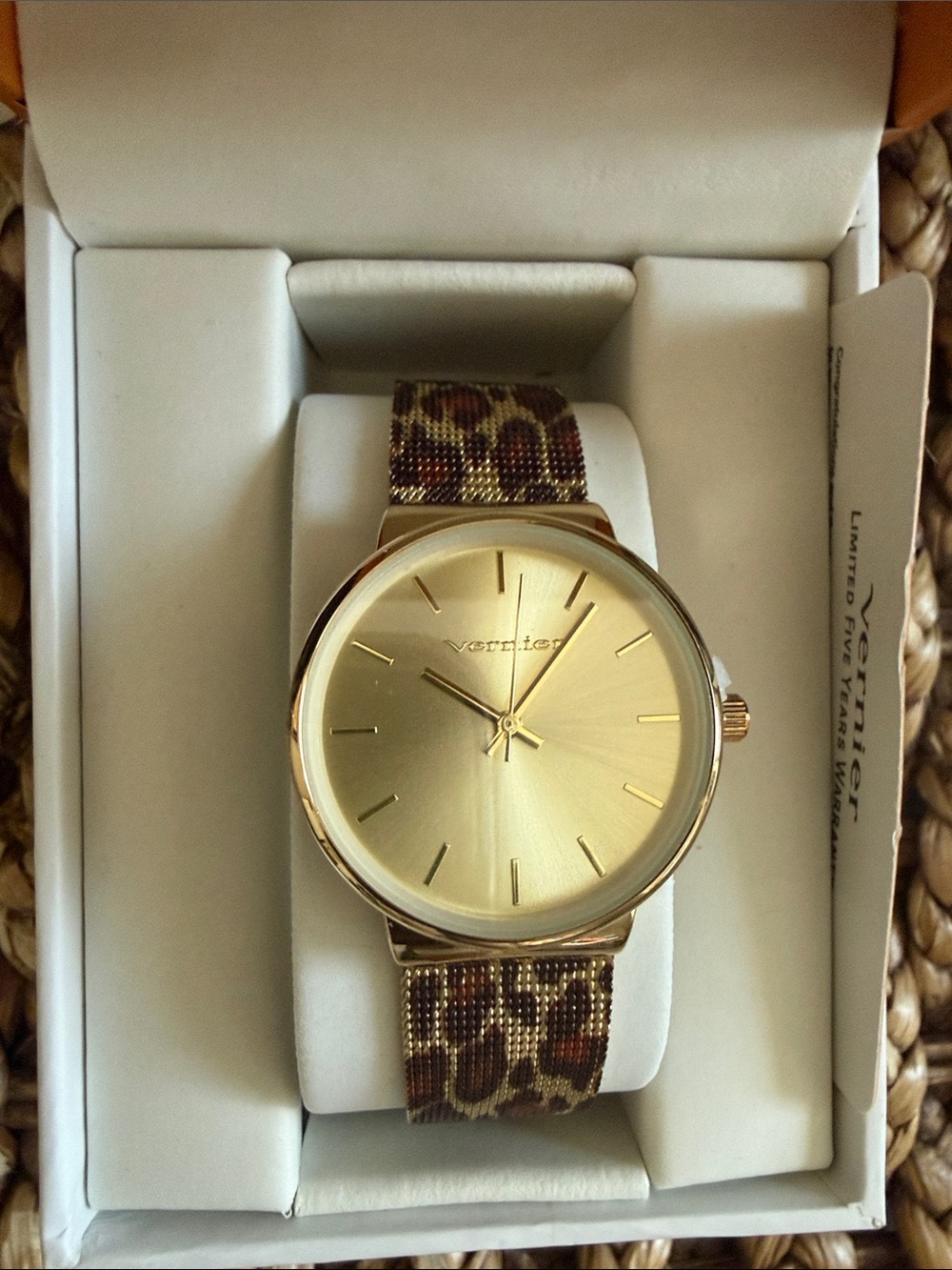 Vernier Gold Dial Women's Watch with Leopard-Print Strap